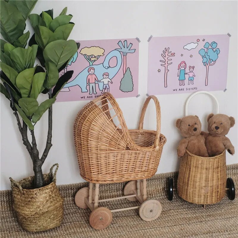 Baby Photography Props Retro Rattan Baby Stroller Toy Photo Studio Baby Doll Carriage Children's Room Decoration Baby Doll Cart