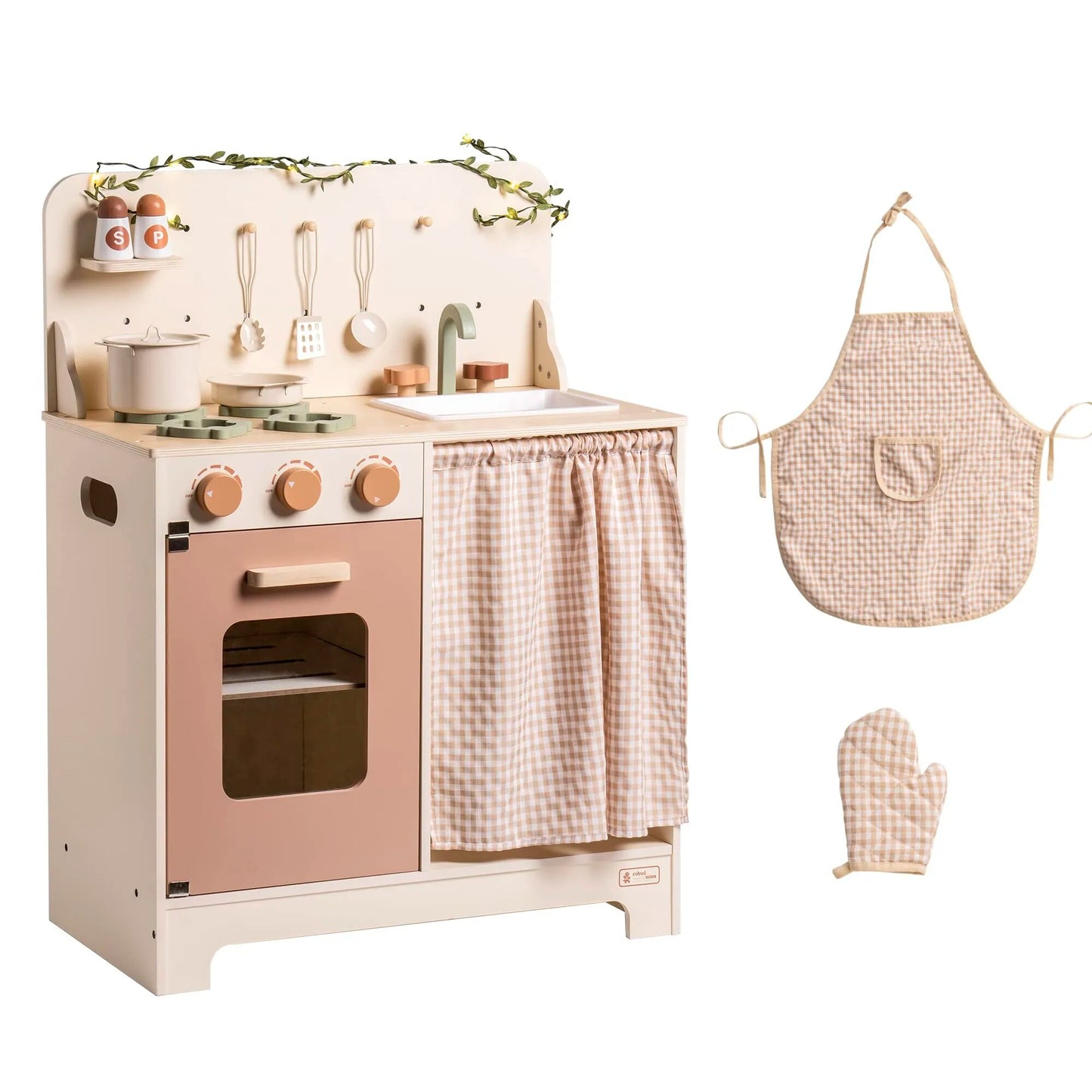 Kids Play Kitchen Set - Rustic Wooden Pretend Play Kitchen with Leaf Light String, Apron, and Groves, for Toddlers 3+  Wooden Play Kitchen