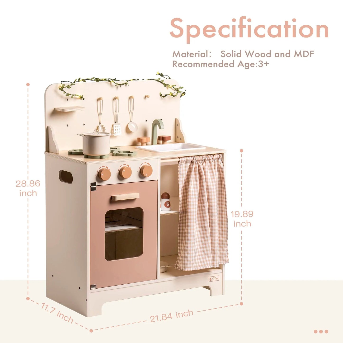 Kids Play Kitchen Set - Rustic Wooden Pretend Play Kitchen with Leaf Light String, Apron, and Groves, for Toddlers 3+  Wooden Play Kitchen - Budget Friendly