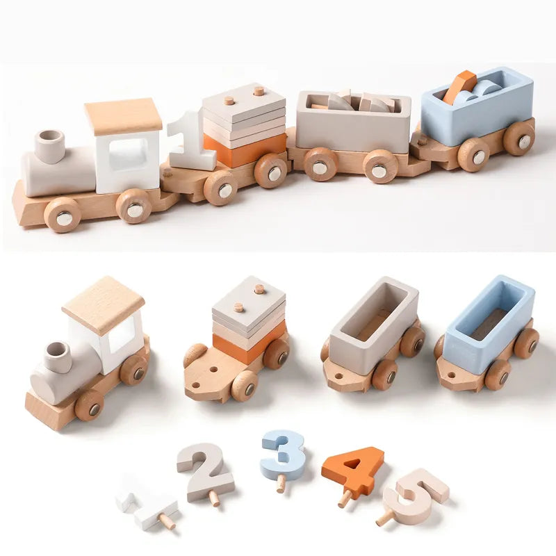 Wooden Birthday Train Toy Simulated Train Toy Model Baby Montessori Educational Toys Wooden Trolley Baby Learning Kid Toys Gifts