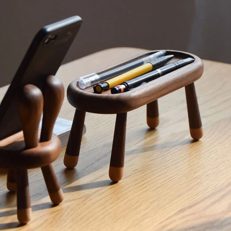 Rabbit phone holder walnut wood craft figurine decor table