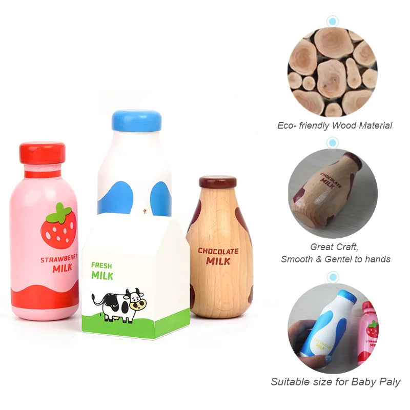 Children Pretend Play Wooden Milk Drink Set Kitchen Food Toys Montessori Learning Educational Kids Simulation Imitation Game For Wooden Play Kitchen