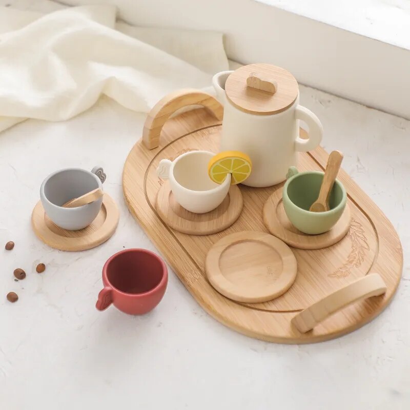 Baby Wooden Montessori Toys Playing House Afternoon Tea Set Model Puzzle Toys For Baby Birthday Toy Numbers Blocks Learning Toy