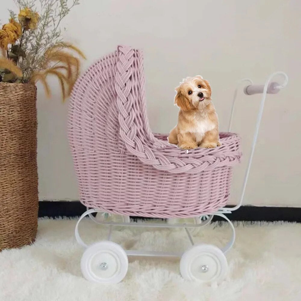 Transport Creative Rattan Pet Stroller for Small Dogs and Cats Home Pet Trolley Outing Walking Teddy Chihuahua Dog Buggy Trolley