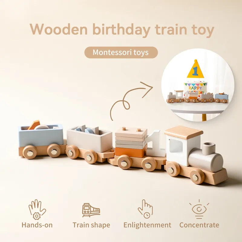 Holzzug Geburtstagsspielzeug Montessori Spielzeug Baby Lernspielzeug Holzwagen Baby Lernspielzeug Anzahl der Holzspielzeuge für Babys 