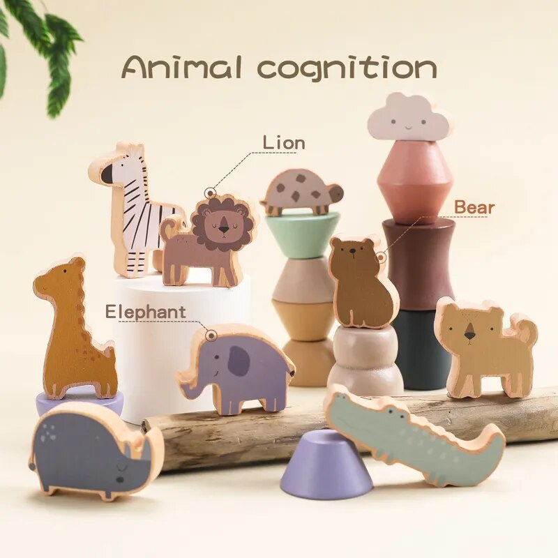 Kid Montessori Toy Wooden Animal Balance Blocks Board Game  Educational Balance Ability Stacking Building High Block Constructor