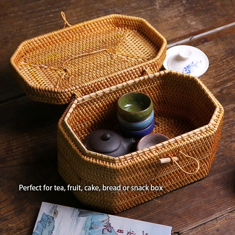 El dokuması Rattan saklama kutusu saplı Hasır Süsleme Kutusu Çay Gıda Kabı Piknik Ekmek Meyveli Kek Sepeti mutfak düzenleyici 