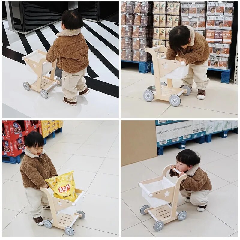 Çocuk Simüle Ev Süpermarket Aperatif Alışveriş Sepeti Bebek Arabası El Arabası 3-6 Yaşındaki Bebek Ahşap Oyuncaklar 