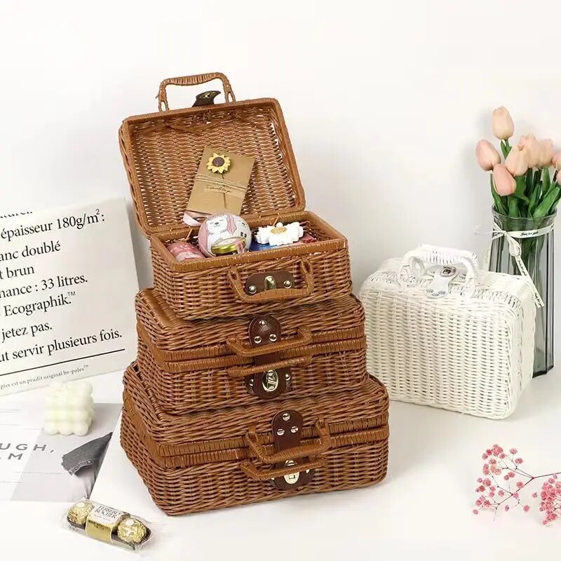 Geflochtener Rattan-Koffer mit Hand-Geschenkbox, Rattan-Kosmetik-Aufbewahrungsbox, Weidenrattan, Picknick-Wäschekörbe, Heim-Aufbewahrungskörbe 
