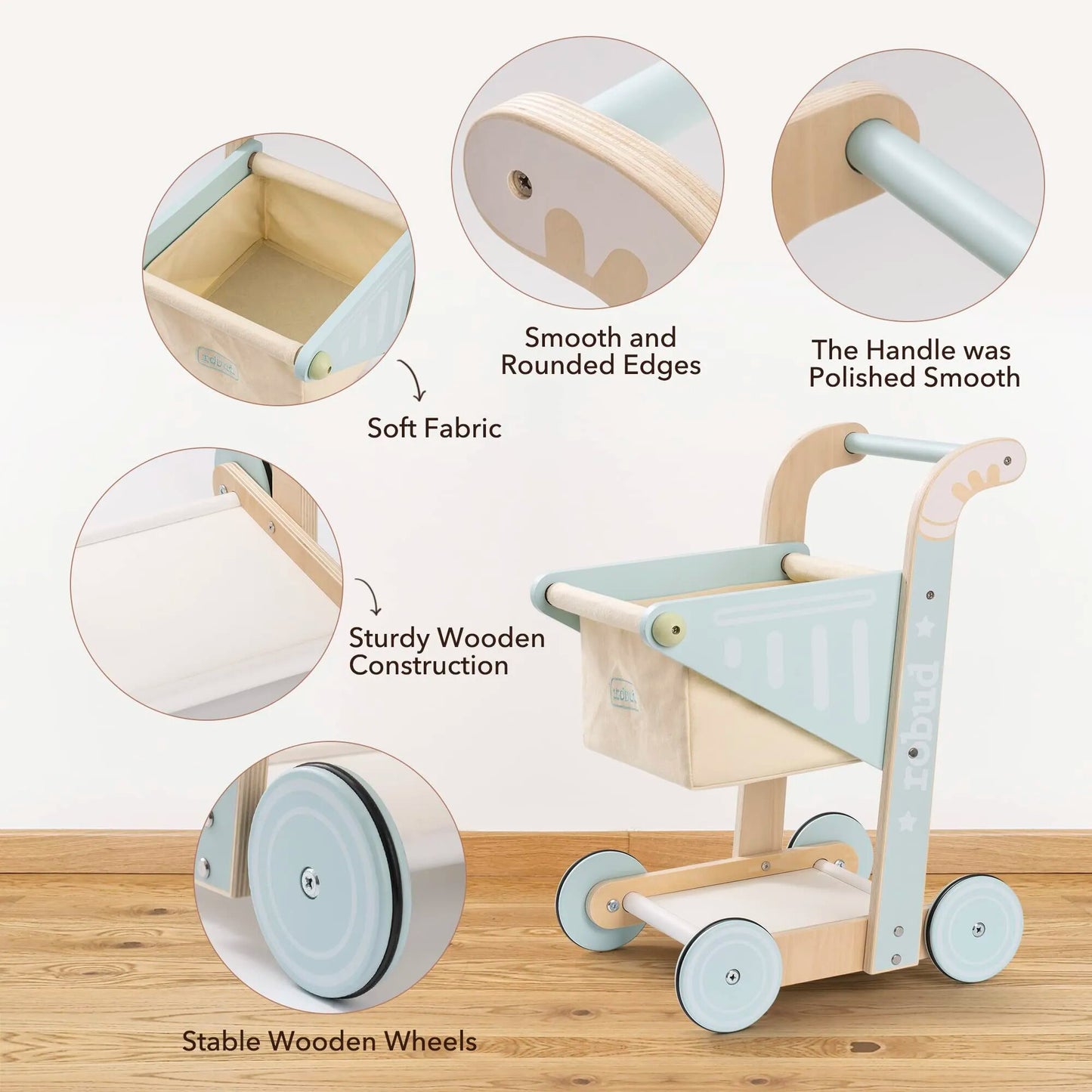 Robud Wooden Baby Push Walker Toy, Kids Shopping Cart Toy, Push Toy for Babies Learning to Walk for Toddler Doll Stroller