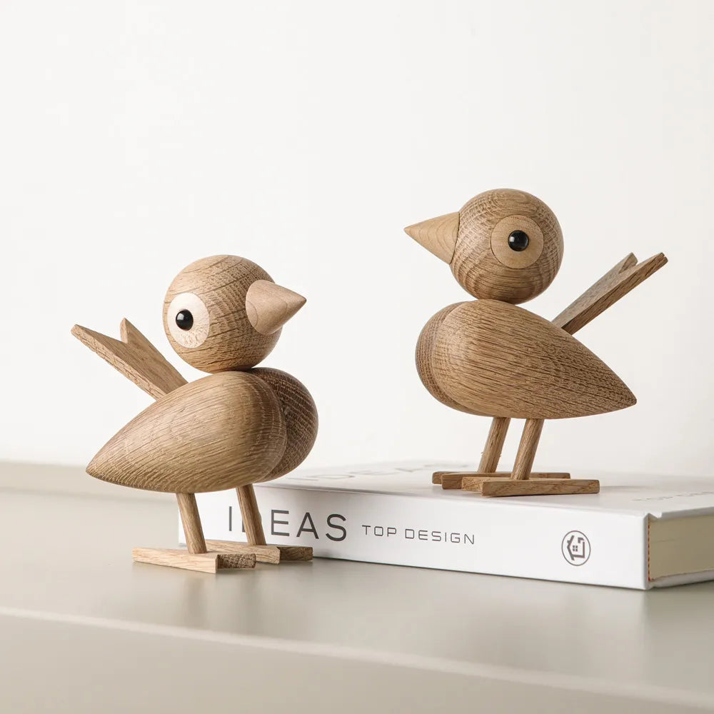 Nordic Style Oak Sparrow Figurine Wooden Dolls Lovely Nature Teak Wood Bird Figures Ornament Home Decor Shelf Decoration Crafts