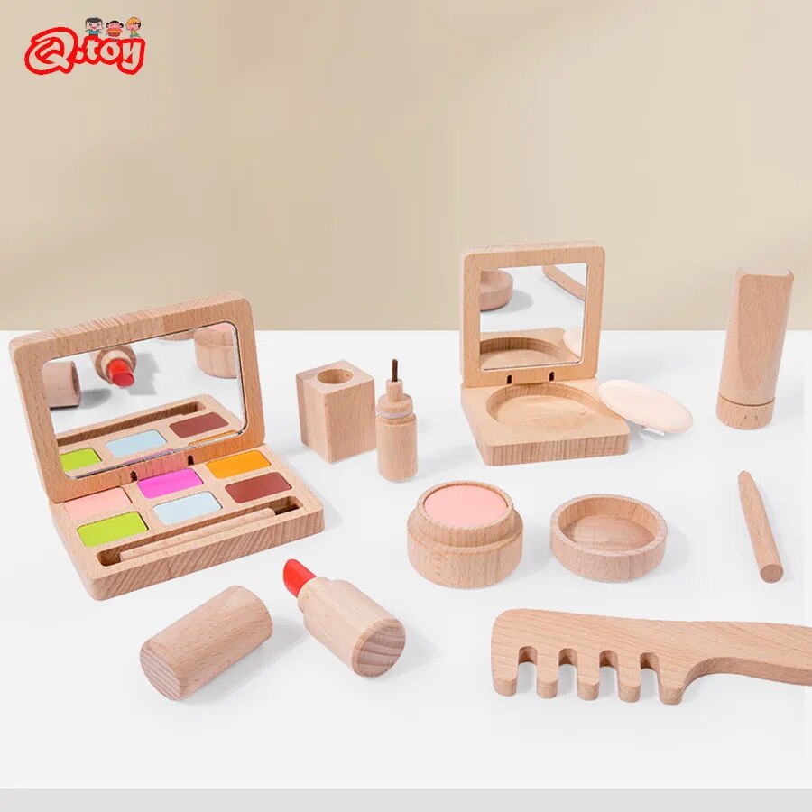 Wooden Pretend Play Toy Makeup Kit Cosmetic Bag Doctor Imitation Game Tool Set Toys for Girls and Boys Interest Development Gift