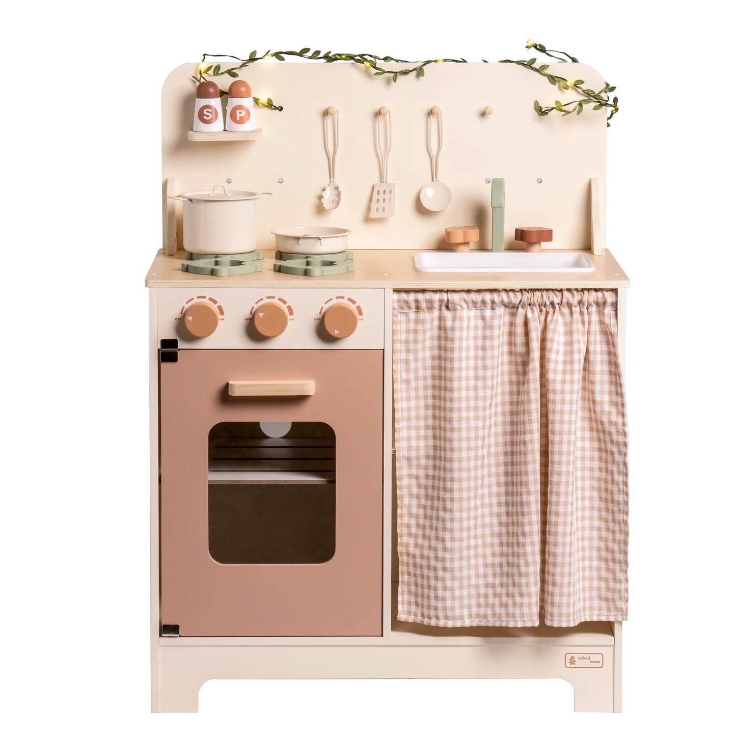 Kids Play Kitchen Set - Rustic Wooden Pretend Play Kitchen with Leaf Light String, Apron, and Groves, for Toddlers 3+  Wooden Play Kitchen