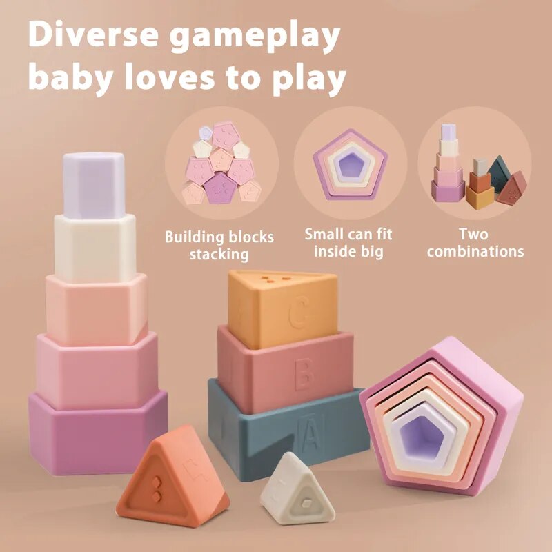 5PCS Baby Stacking Toy Montessori Color Silicone Block Stacking Music Fun Early Education Building Blocks Toy Newborn Gift