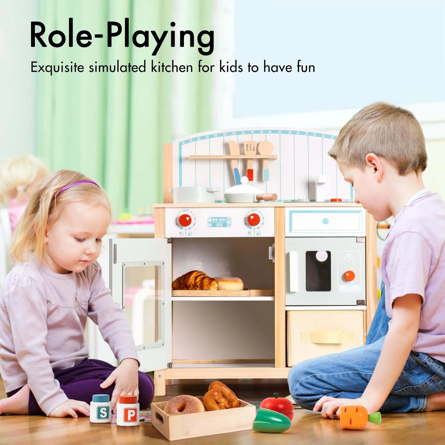 Play Kitchen for Toddlers Girls Kids Wooden Kitchen Playset with Storage Bin