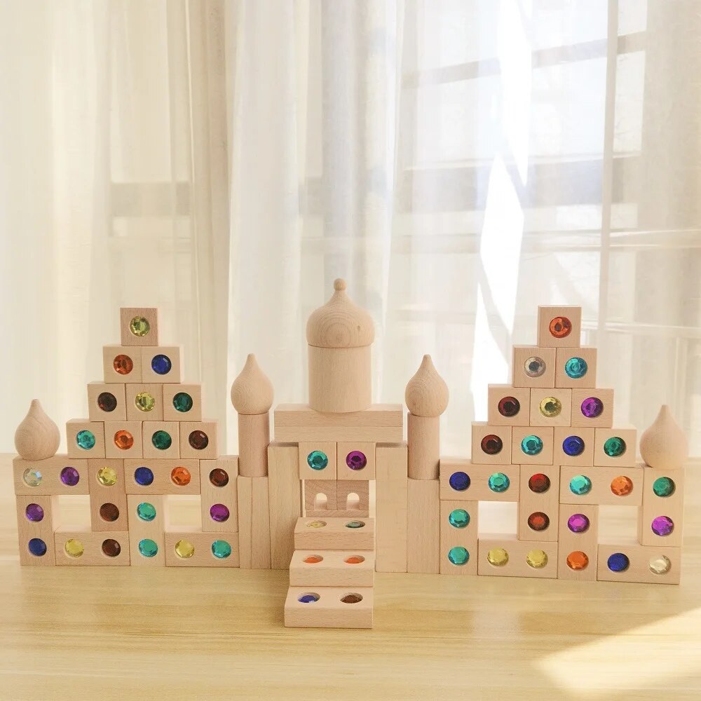 20-100PCS Big Wooden Castle Building Blocks Toys Montessori Stacking Toys for Children Construction Building