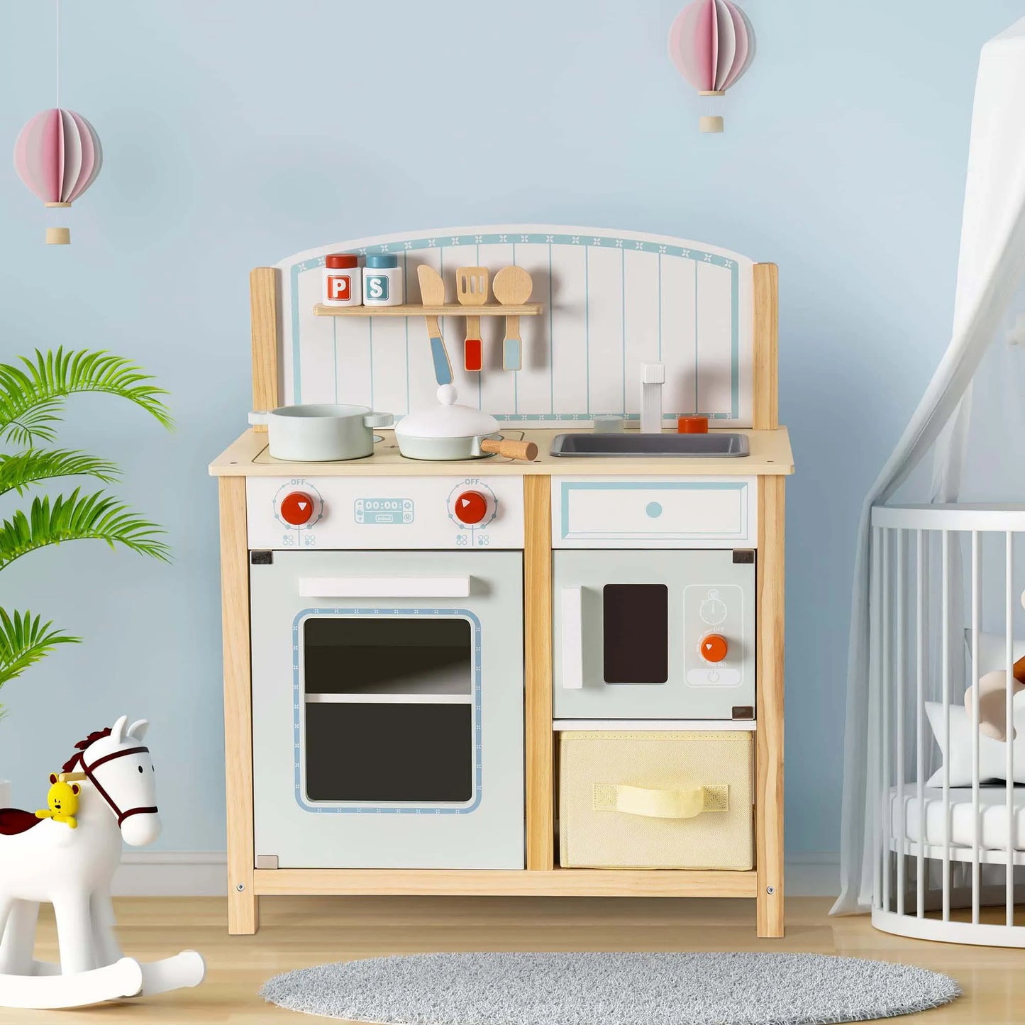 Play Kitchen for Toddlers Girls Kids Wooden Kitchen Playset with Storage Bin - Budget Friendly