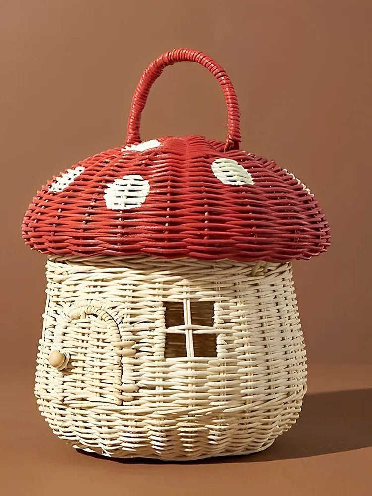 Rattan-Pilzkörbe, niedliche handgewebte Aufbewahrungstaschen, Picknickkorb mit Stroh, dekorative Rattan-Umhängetaschen, Kinder-Organizer-Box 