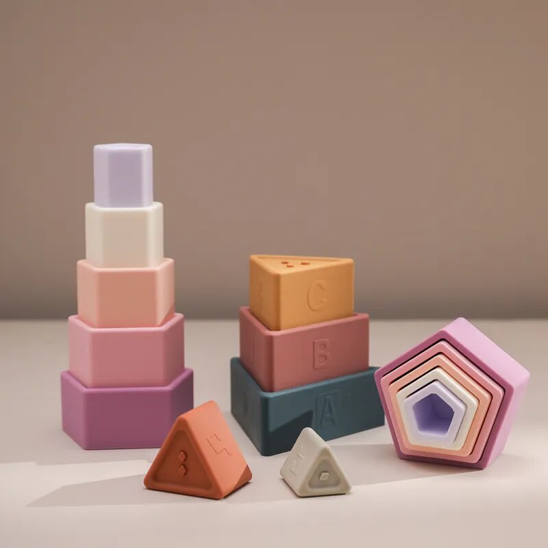 5 adet bebek istifleme oyuncak Montessori renkli silikon blok istifleme müzik eğlenceli erken eğitim yapı taşları oyuncak yenidoğan hediye 