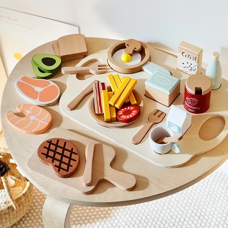 Children Luxury Kitchen Pretend Play Set Wooden Imitation Game Pot Set Cooking Food Simulation Cake Bread Baking Toys for Girls For Wooden Play Kitchen