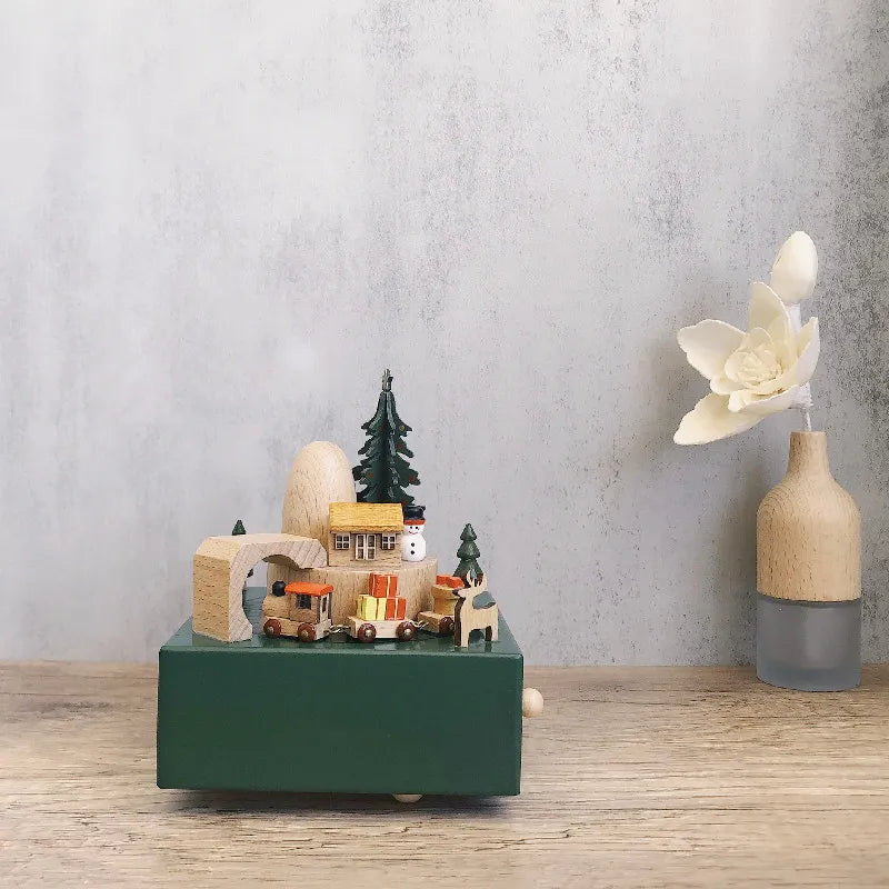 Handmade Wooden Music Box Creative Retro Rotating Music Box Christmas Birthday Gifts DIY Log Making Ornament Home Decoration