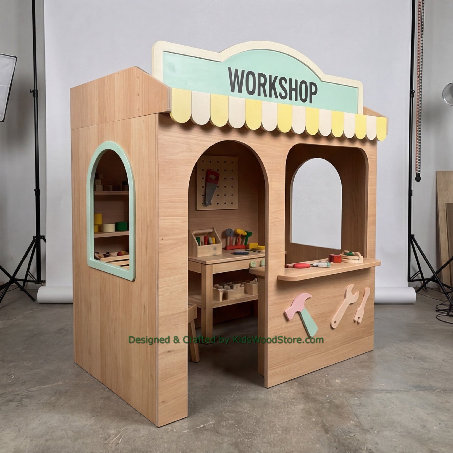 Wooden Workshop Playhouse + Furnitures for Kids | Personalized 25+ Themes | All-Inclusive Turnkey Project