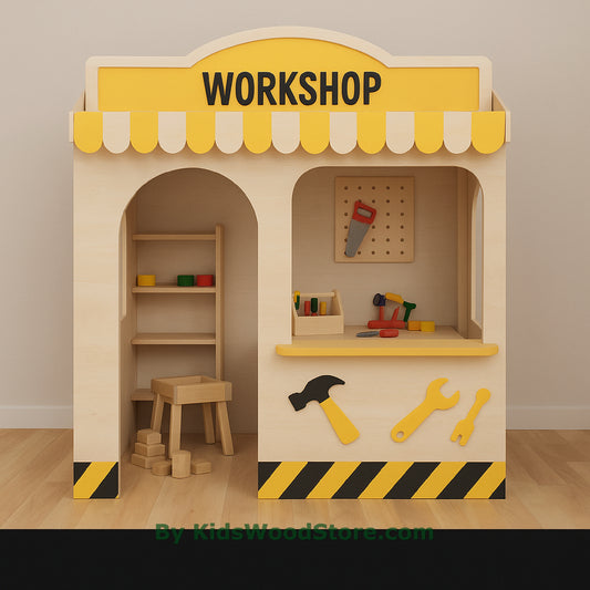 Workshop Wooden Playhouse | Indoor Outdoor Pretend Playhouse