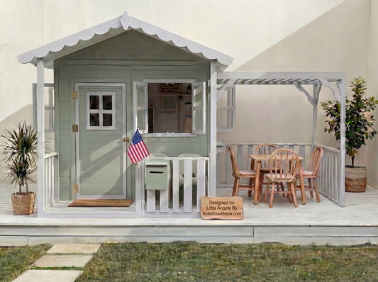 Luxury Outdoor Wooden Playhouse with Front Porch & Side Veranda