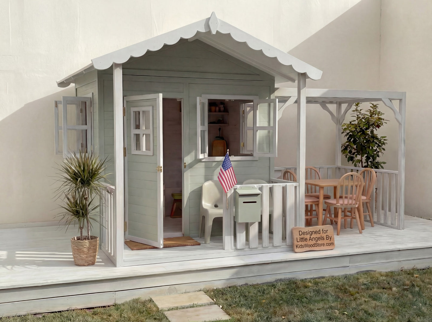Luxury Outdoor Wooden Playhouse with Front Porch & Side Veranda