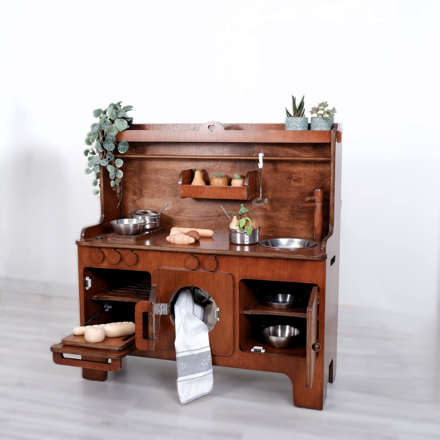 Wooden Play Kitchen Customizable Wallnut