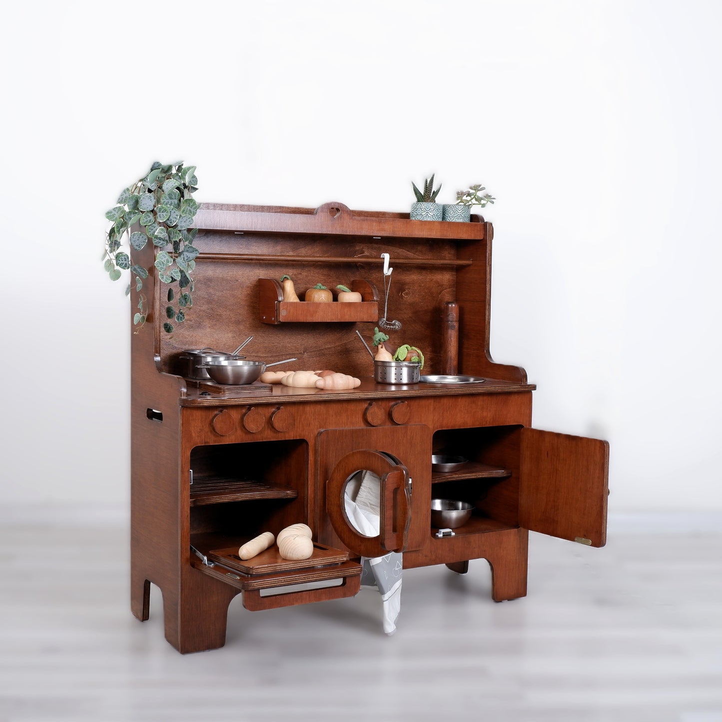 Wooden Play Kitchen Customizable Wallnut