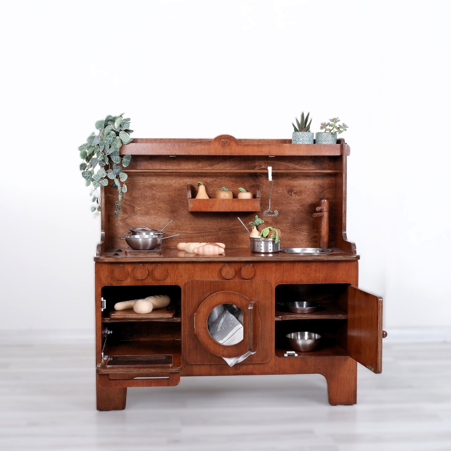 Wooden Play Kitchen Customizable Wallnut