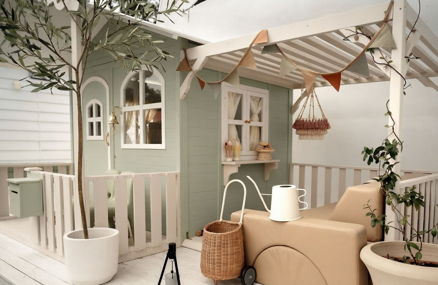 Luxury Outdoor Wooden Playhouse with Front Porch & Side Veranda