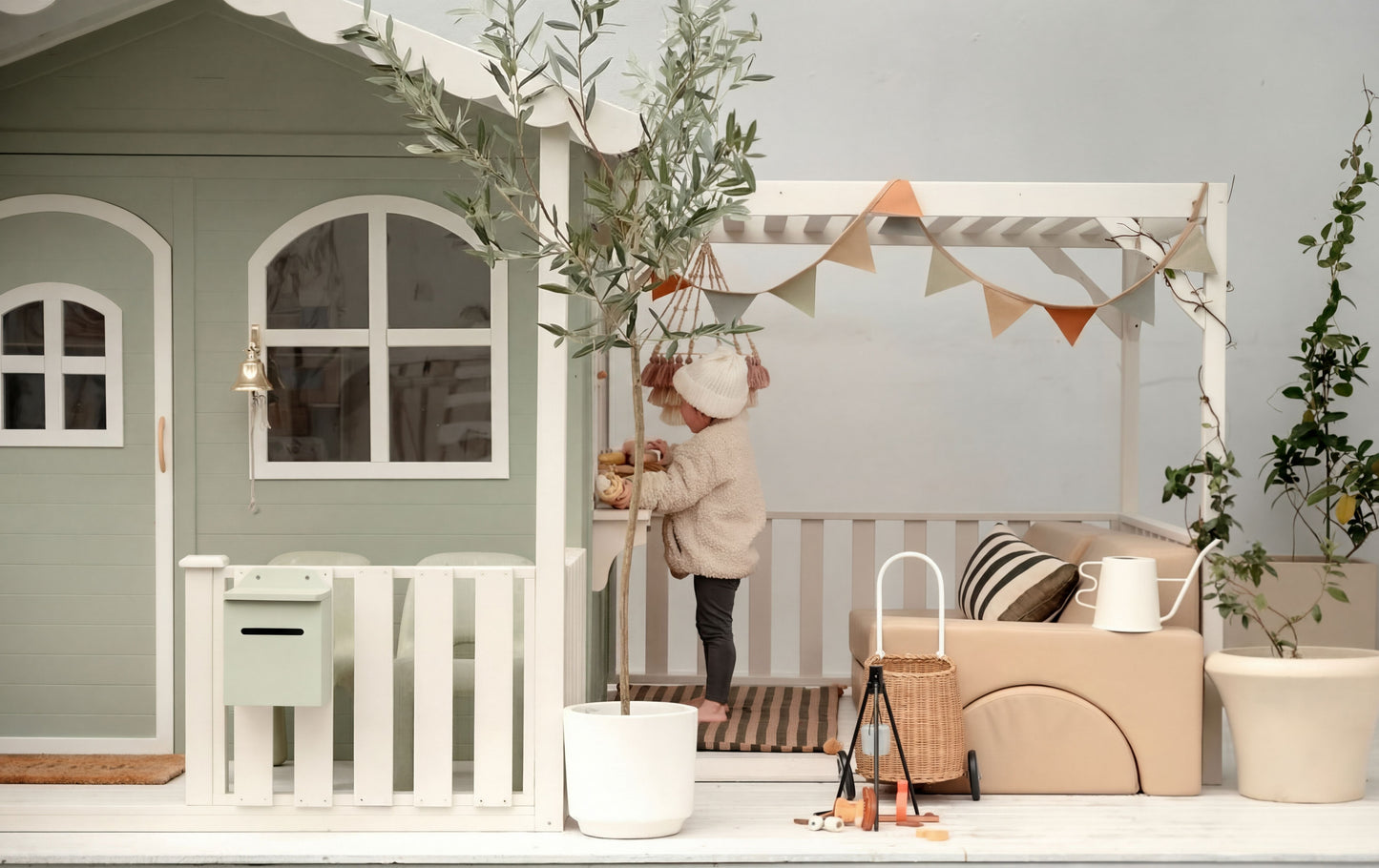 Luxury Outdoor Wooden Playhouse with Front Porch & Side Veranda