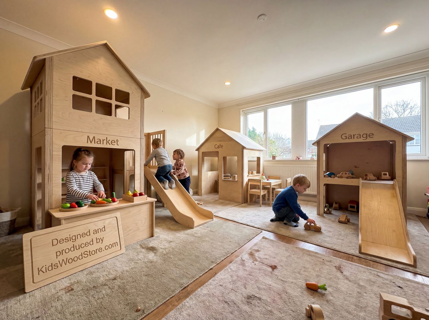 Luxury Wooden Play Town Set – Two-Story Market + Café + Garage with Central Slide Structure (Furniture Included) | KidsWoodStore®