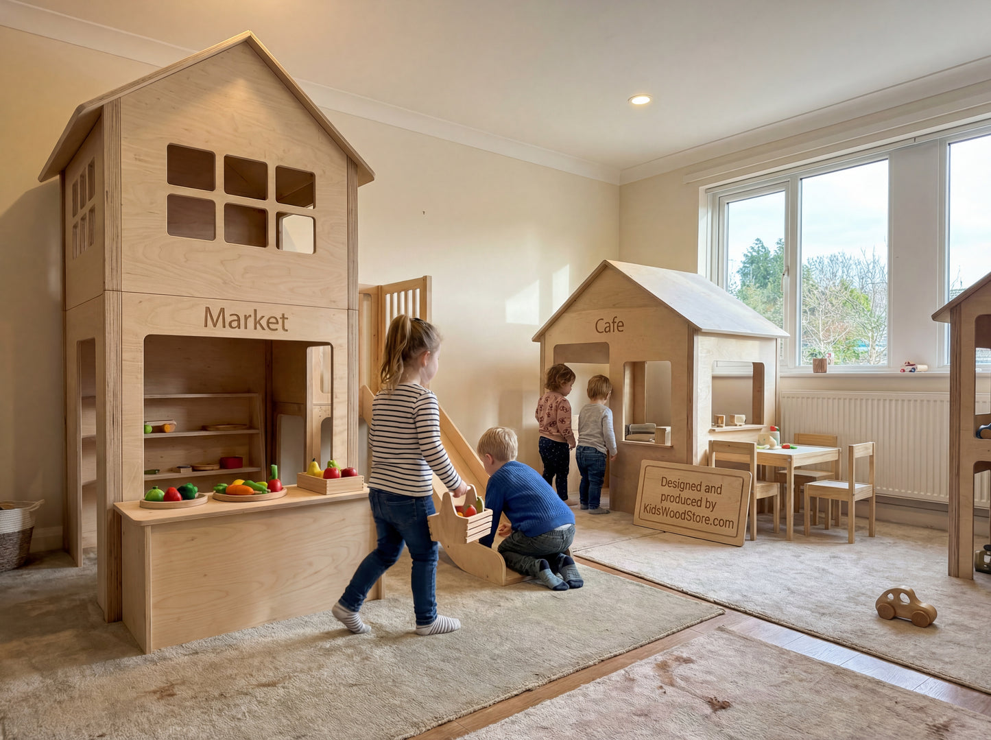 Luxury Wooden Play Town Set – Two-Story Market + Café + Garage with Central Slide Structure (Furniture Included) | KidsWoodStore®