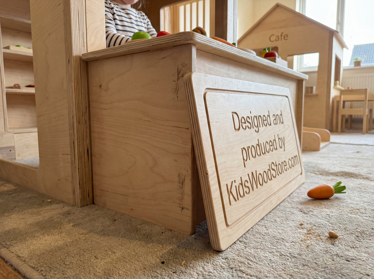 Luxury Wooden Play Town Set – Two-Story Market + Café + Garage with Central Slide Structure (Furniture Included) | KidsWoodStore®