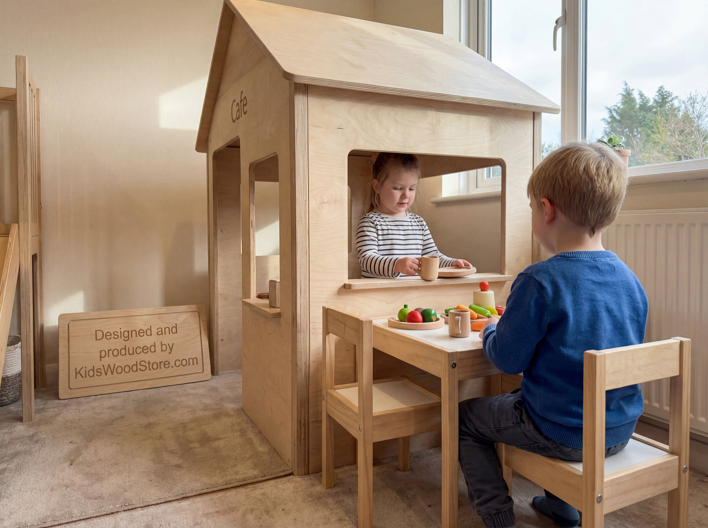 Luxury Wooden Play Town Set – Two-Story Market + Café + Garage with Central Slide Structure (Furniture Included) | KidsWoodStore®