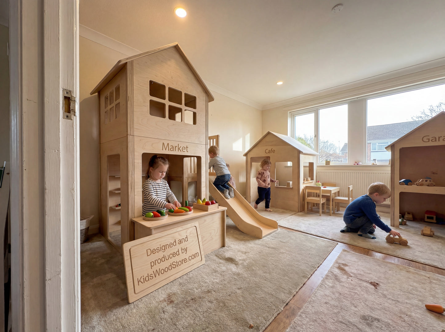 Luxury Wooden Play Town Set – Two-Story Market + Café + Garage with Central Slide Structure (Furniture Included) | KidsWoodStore®