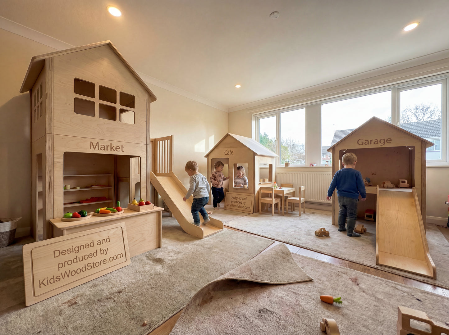 Luxury Wooden Play Town Set – Two-Story Market + Café + Garage with Central Slide Structure (Furniture Included) | KidsWoodStore®