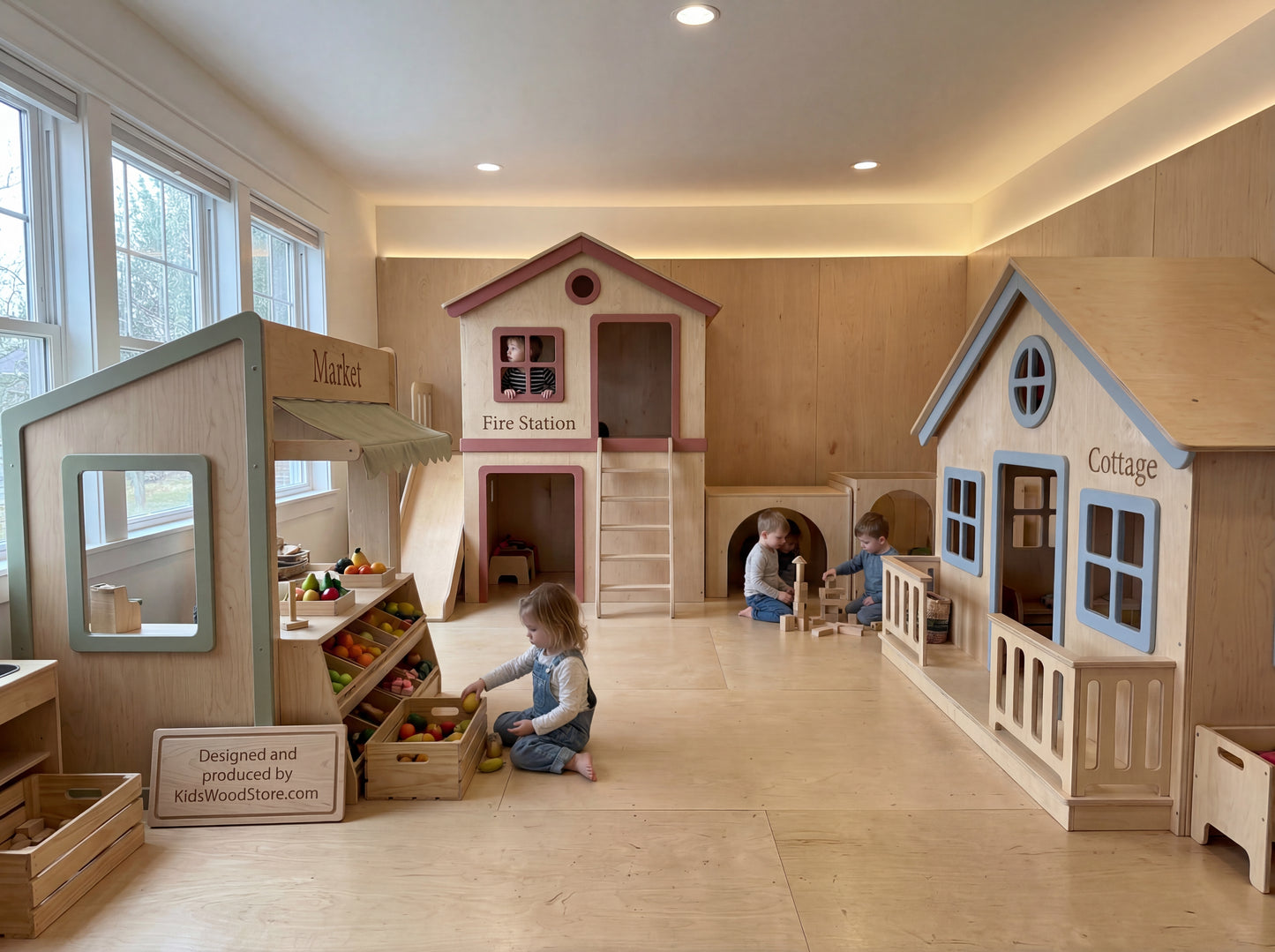 Luxury Wooden Play Town Set — Market + Cottage with Porch + Two-Story Fire Station with Slide & Tunnel Cubes