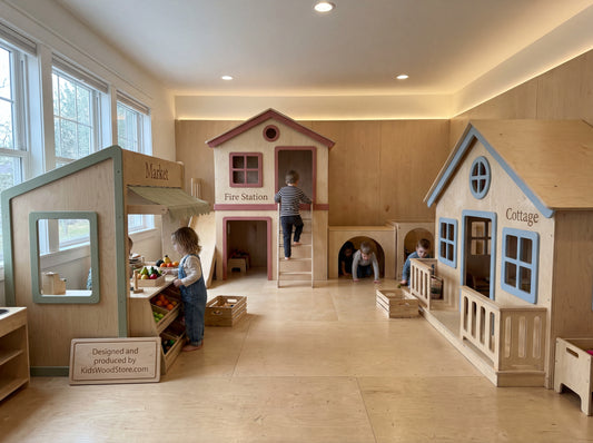 Luxury Wooden Play Town Set — Market + Cottage with Porch + Two-Story Fire Station with Slide & Tunnel Cubes