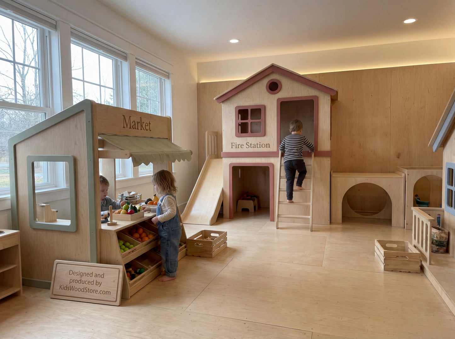Luxury Wooden Play Town Set — Market + Cottage with Porch + Two-Story Fire Station with Slide & Tunnel Cubes