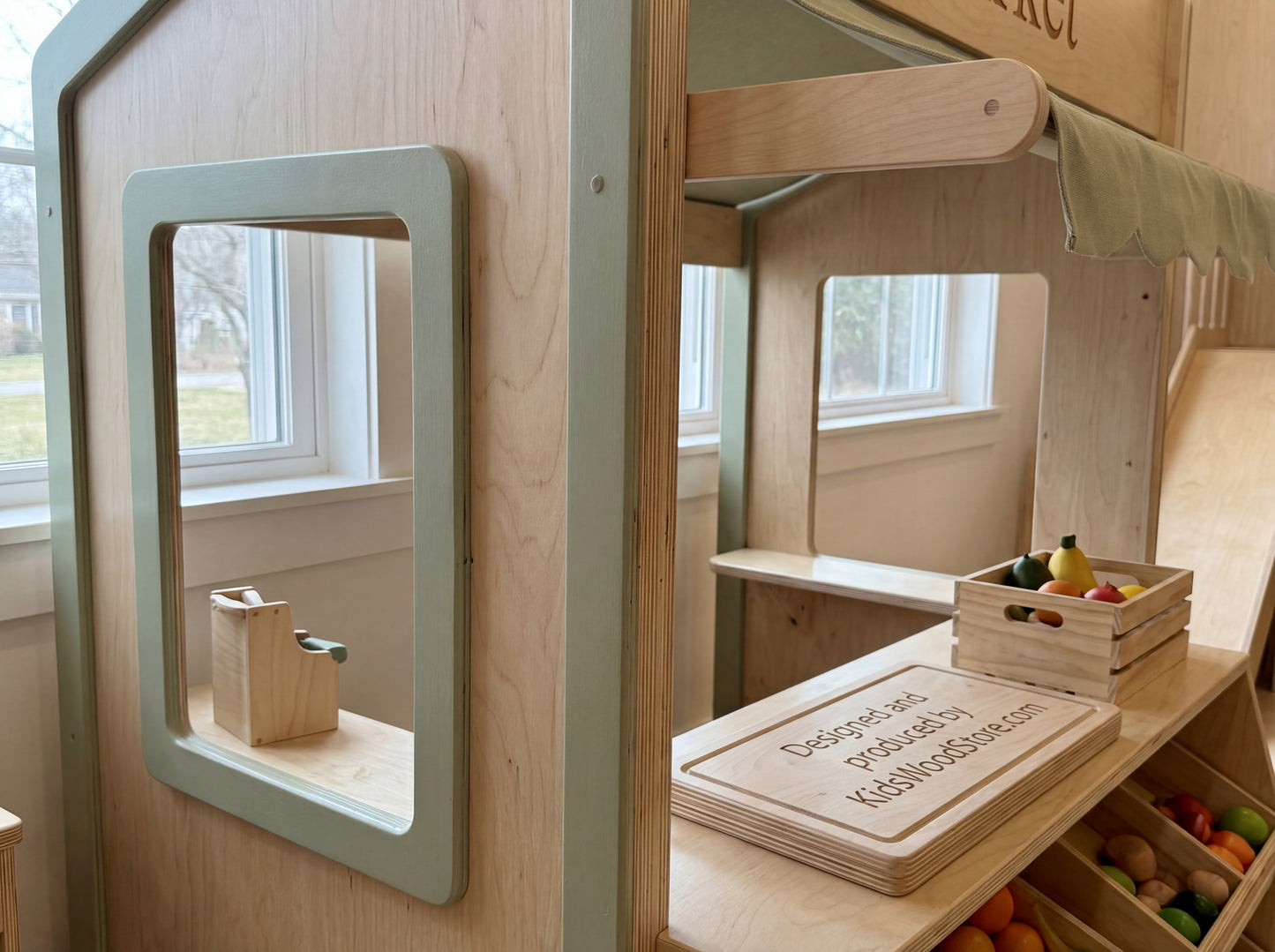 Luxury Wooden Play Town Set — Market + Cottage with Porch + Two-Story Fire Station with Slide & Tunnel Cubes