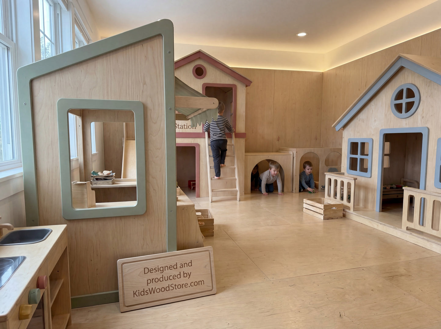 Luxury Wooden Play Town Set — Market + Cottage with Porch + Two-Story Fire Station with Slide & Tunnel Cubes