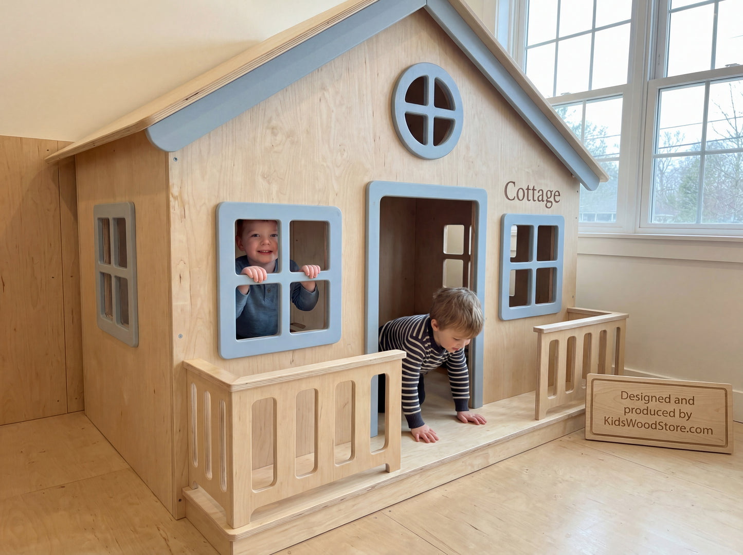 Luxury Wooden Play Town Set — Market + Cottage with Porch + Two-Story Fire Station with Slide & Tunnel Cubes