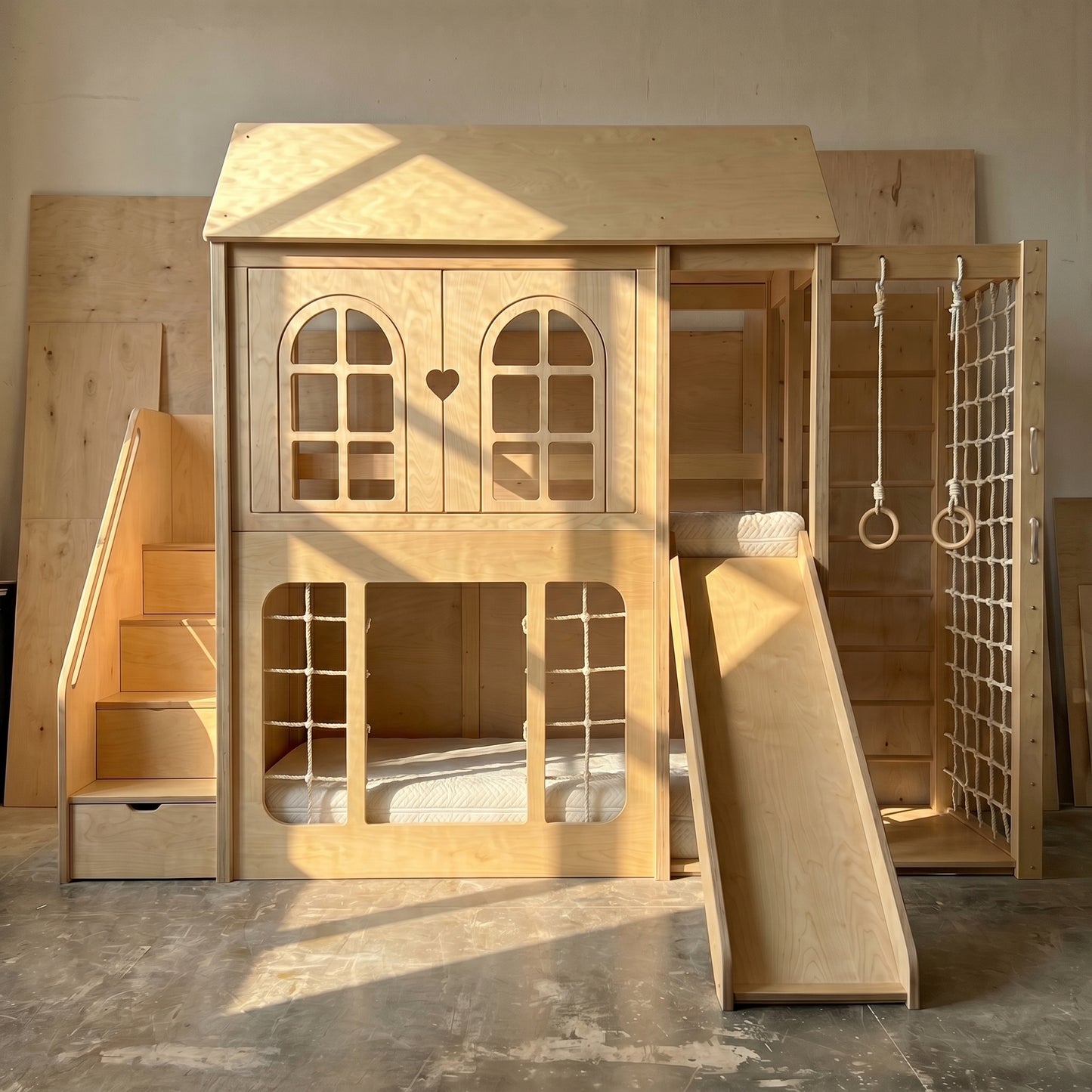 Wooden Playhouse Bunk Bed with Slide, Gym Rings & Climbing Net | Storage Stairs, Under-Bed Drawers | Kids Loft Bunk Bed Set