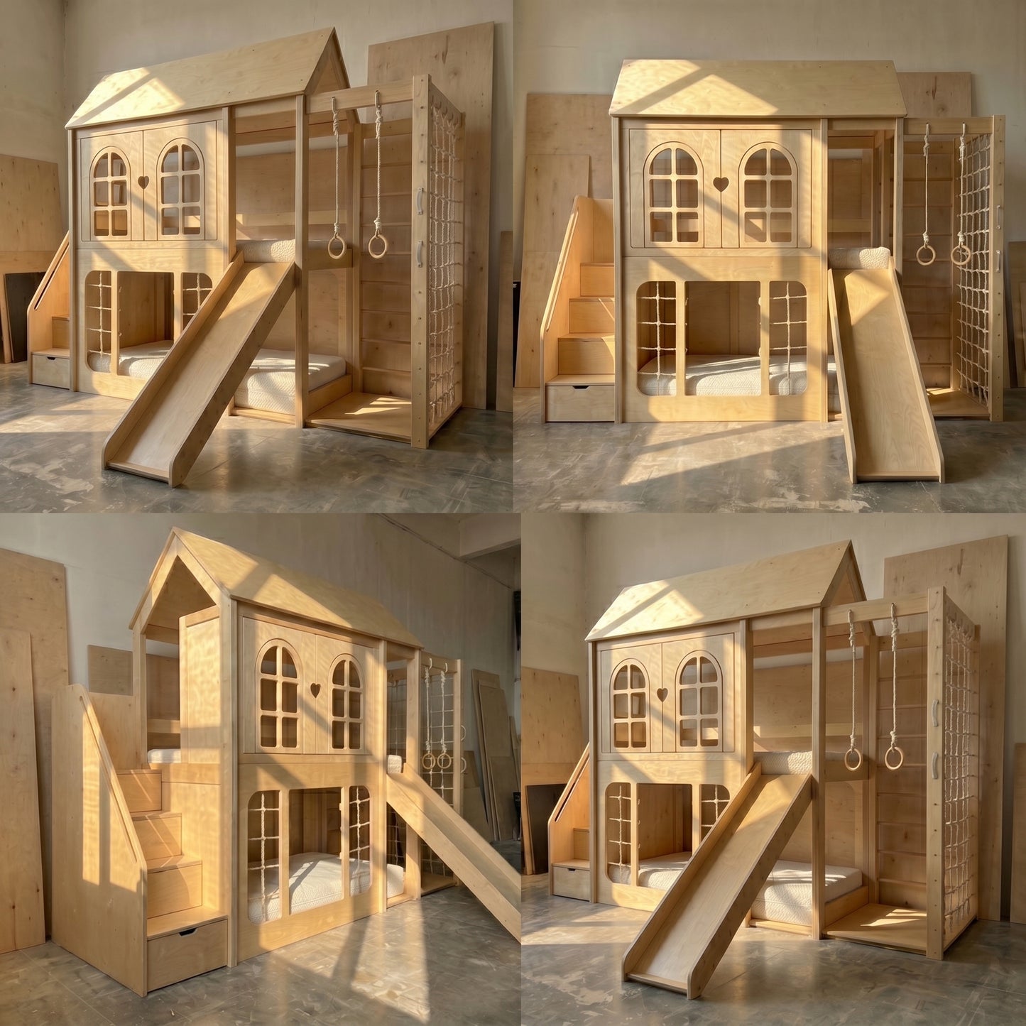 Wooden Playhouse Bunk Bed with Slide, Gym Rings & Climbing Net | Storage Stairs, Under-Bed Drawers | Kids Loft Bunk Bed Set