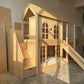 Wooden Playhouse Bunk Bed with Slide, Gym Rings & Climbing Net | Storage Stairs, Under-Bed Drawers | Kids Loft Bunk Bed Set