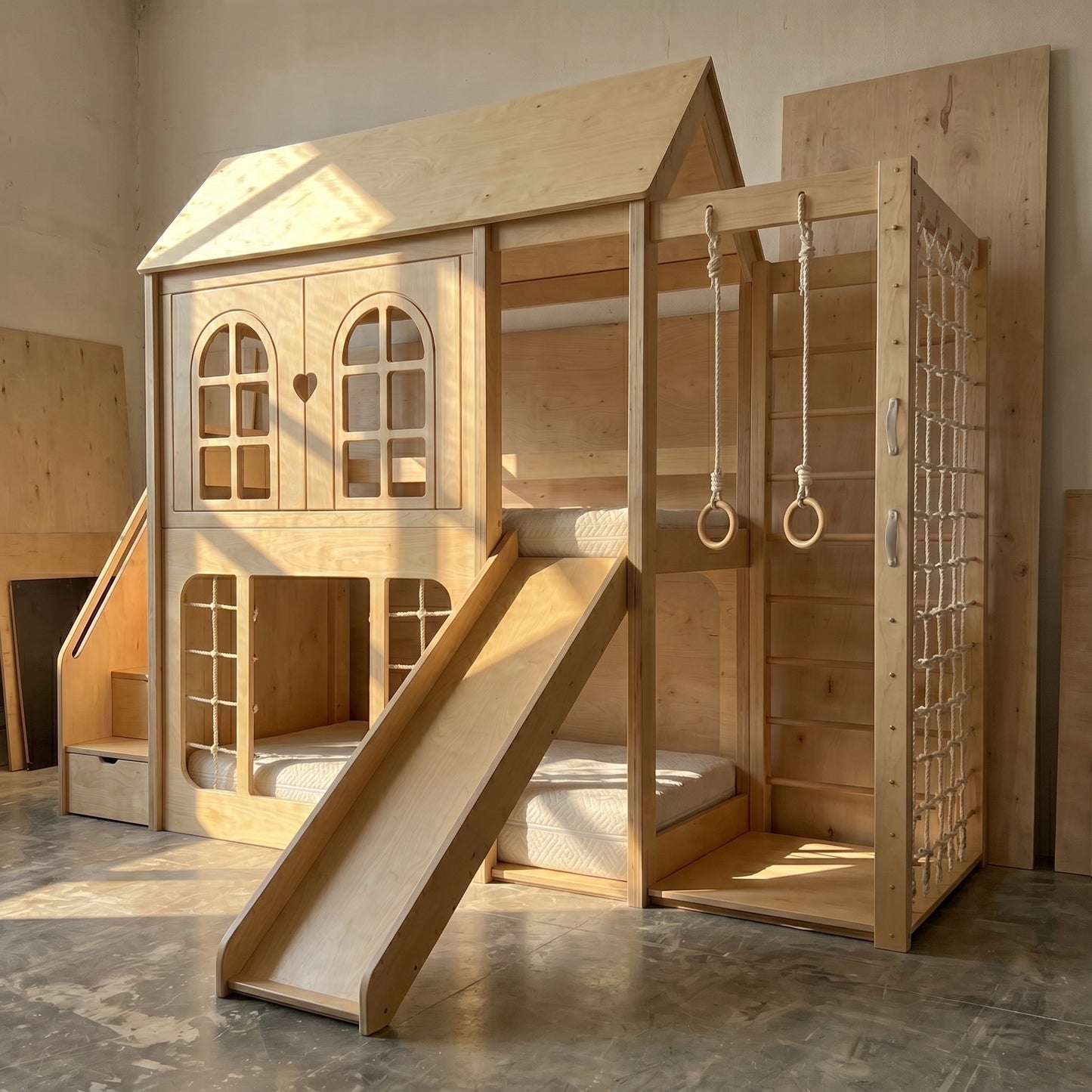 Wooden Playhouse Bunk Bed with Slide, Gym Rings & Climbing Net | Storage Stairs, Under-Bed Drawers | Kids Loft Bunk Bed Set